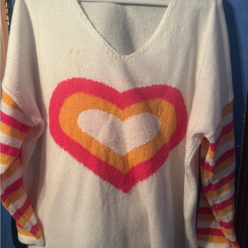 SHEIN White and Pink V-Neck Sweater with Heart Design